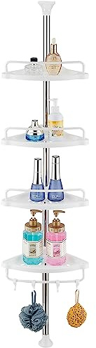 TRUSTLIFE Duschregal ohne Bohren Weiß Teleskop Duschregal Duschregal Ecke Duschorganizer Teleskopregal dusche 70-330cm mit Vier Ablage, Handtuchstange, Vier Haken