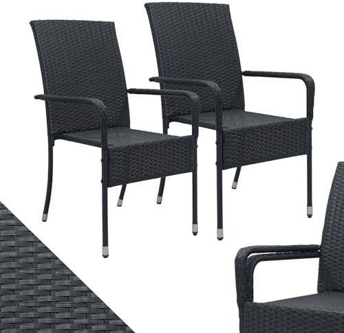 Juskys Polyrattan Gartenstühle Yoro 2er Set mit Armlehnen & Rückenlehne - 2 Stühle stapelbar - Rattan Stuhl Garten - Stapelstuhl Schwarz