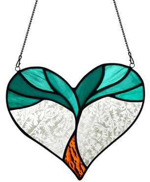 BOXCASA Baum des Lebens Buntglas-Sonnenfänger zum Aufhängen am Fenster, handgefertigt, Herz-Buntglas-Fensteraufhängung, Lebensbaum-Geschenke für Frauen, Mon, Weihnachten, Muttertag