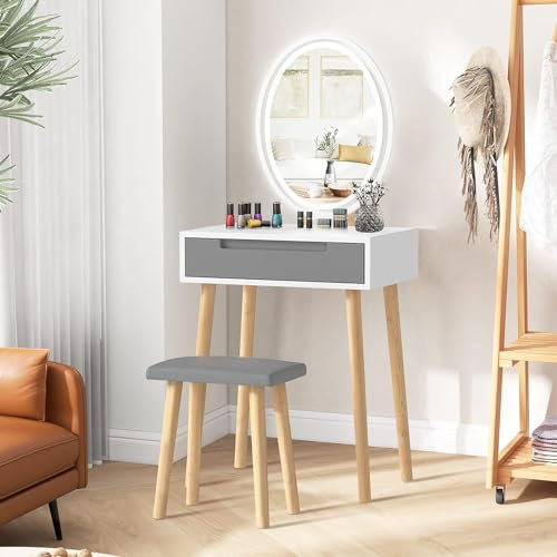 YOURLITE Schminktisch mit LED-Beleuchtung und Hocker, Frisiertisch mit Spiegel Kleiner, Einstellbare Helligkeit, 3 Farben, Schminktisch mit Oval Spiegel, Geeignet für Schlafzimmer, Moderner, Grau