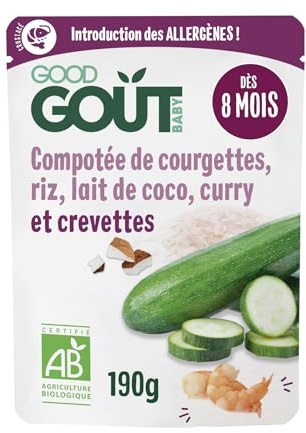 GOOD GOÛT - Compotée de courgettes, riz, lait de coco, curry et crevette - Plat Cuisiné Pour Bébé - Introduction des allergènes - Dès 8 Mois - Purée Moulinée - Fabriqué En France - 190g