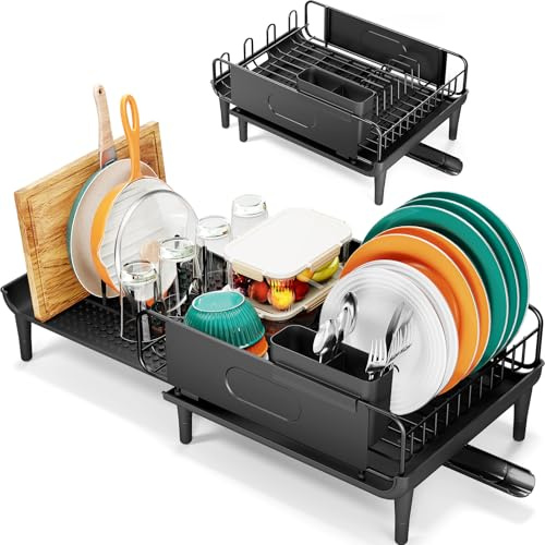 Urackify Dish Drainer Rack, Dish Rack, Expandable(14.5 - 25.3 ) Draining Board Rack, Kitchen Drying Rack with Utensil Holder, Cups Holder for Countertop, Black