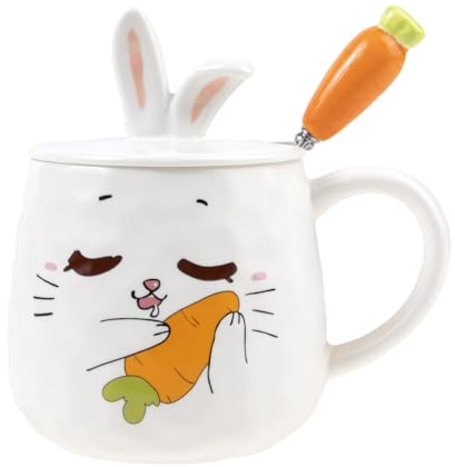 lachineuse - Tasse Lapin Amoureux - Collection Bunny - Couvercle Oreilles de Lapin et Cuillère Carotte - Porcelaine et Métal - 425 ML - Café, Thé, Chocolat, Cappuccino - Idée Cadeau Originale