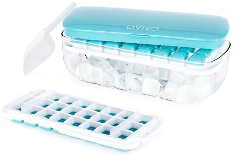 LIVIVO Ice Cube Tray with Lid Dispenser & Storage - Reusable BPA Free Easy Press Release 48 Ice Cube Moulds - 2 Tray with Dispenser, Ice Bucket & Scoop
