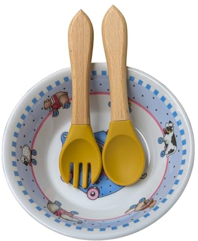 Set couverts bébé personnalisés en silicone/fourchette et cuillère bébé en bois (Jaune)