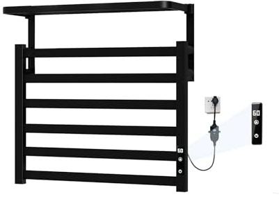 Scaldasalviette da parete con timer e controllo della temperatura, scaldasalviette elettrico per bagno con indicatore LED e protezione contro il surriscaldamento, scaldasalviette a 6 barre con ripiano