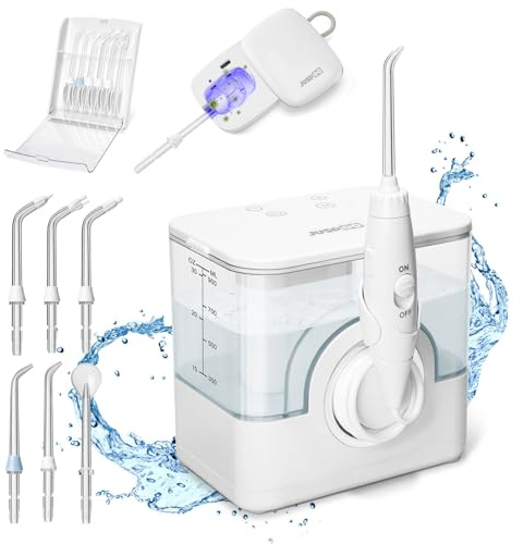 JUSDOO Filo interdentale ad acqua senza fili, detergente per denti ricaricabile, 950 ml, grande irrigatore orale per denti, gengive e parentesi graffe, 16 livelli di pressione e modalità bambino, con