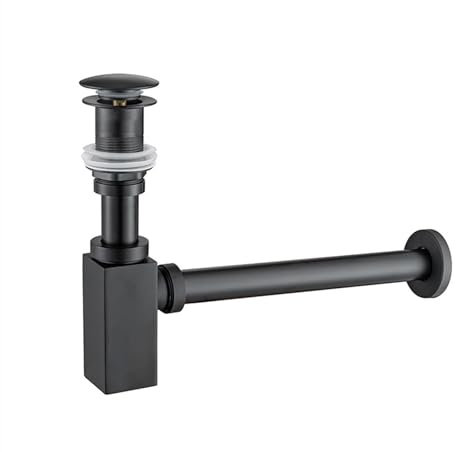 LYHYDMA Siphon de Lavabo Piège à Bouteille carré évier de vidange Pop Up Siphon Valve for lavabo de Salle de Bain Tuyau Noir P-Trap for la rénovation domiciliaire.(Black No Overflow)