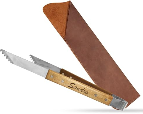 Mit Namen personalisierte Grillzange mit Gravur aus Akazienholz Edelstahl | als Grillgeschenk für Männer, für Papa, zum Männertag Grillbesteck Grillwerkzeug ( Grillzange mit Tasche und Gravur)