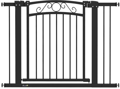 PawHut Barrera para Perros con Cierre Automático, Puerta para Perros 76-104 cm, Barrera de Seguridad con 2 Extensiones 7/14 cm, Fácil Montaje, Doble Bloqueo, para Escaleras y Puertas, Negro