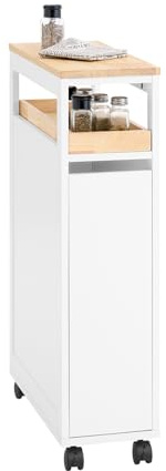 SoBuy Carrello Cucina Salvaspazio Stretto – Mobiletto da Nicchia 20 cm con Ruote, Carrellino Cucina Multifunzione e Mobiletto Salvaspazio Cucina per Cucina e Bagno Bianco & Naturale 20x51x79cmNSR11-WN