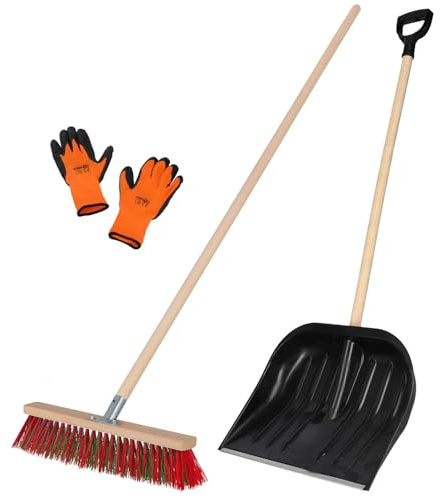 KOTARBAU® Set Schneeschaufel mit Holzstiel 142,5cm Straßenbesen 43cm Handschuhe Schneeschieber Snow Shovel Gartenbesen mit Stiel draußen Schneeschaufel Auto Holz Stiel zur Schneeräumung