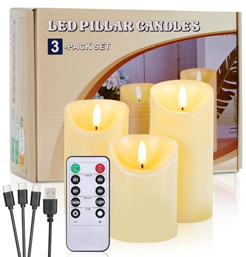 IMAGE 3 PCS wiederaufladbare LED Kerzen, Typ-C-port flackernde flammenlose Stumpenkerzen, Wax-like Material Kerzen mit Fernbedienung&Timer, batteriebetriebene Kerzen für Haus Hochzeit Geburtstag Dekor