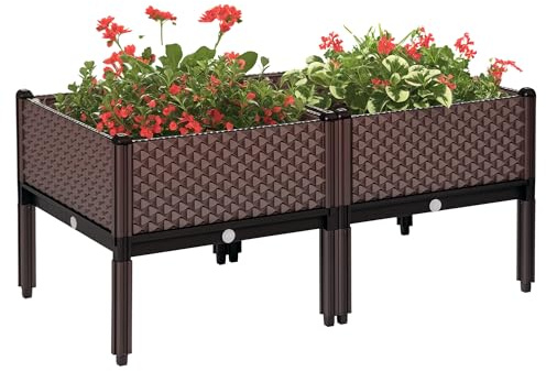 Outsunny Juego de 2 Jardineras de Exterior Jardineras Cuadradas Elevadas Combinación Libre Maceteros para Jardín Patio 50x50x46,5 cm Marrón