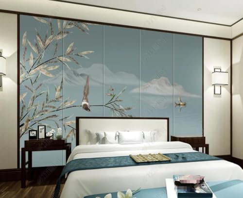 XLMING Vintage Bamboo Leaves Birds Mountains Boats 3D Wallpaper Home Study Office Dining Room Sofa Bedroom Living Room TV Backdrop-430cm×300cm