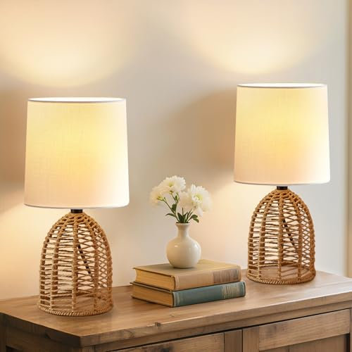 GyroVu Rattan Table Lamp Set of 2, Bedside Lamps Rustic End Table Boho Small Lamps for Small Spaces Bedroom Nightstand Living Room Reading Desk Side Table Lamp