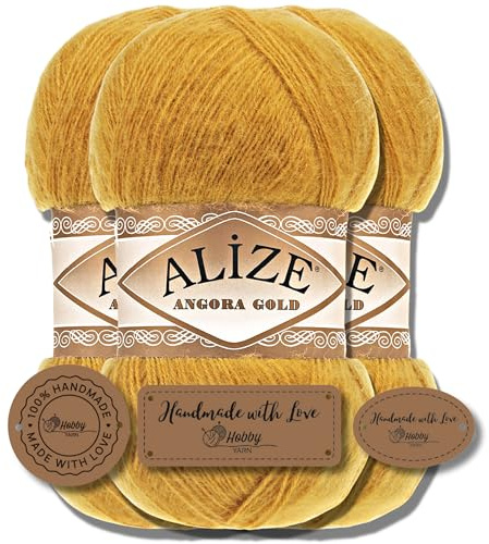 Hobby YARN 3 x etikettetiketter med Alize Angora guldull, premium 3 x 100 g som set, garn, tunn mohair av ny ull, enfärgad, stickgarn (2)