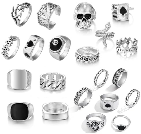 XSDSLS 21 PCS Men Rings Silver Matte Finish Polished Signet Rings Vintage Gothic Biker Rings Hip Hop Rock Band Rings Set For Men Boy