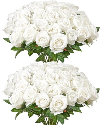 VEVOR Artificial Flowers, 60 pcs Real Looking White Foam Fake Roses Bulk, White Faux Bridal Shower with Stems for DIY Wedding Bouquets, Home Centerpieces Arrangements, Party Tables Decorations