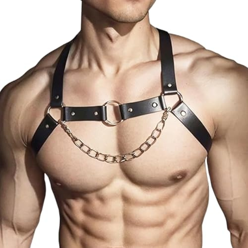 VKFOFEG Harness Männer Leder, Verstellbarer Body Brust Brustgurt, Brustgeschirr Herren, Festival Rave Outfit für Herren, Leder Harness für Männe