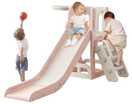 Baotree Toddler Slide,Kids Climber Slide with Storage Space and Non-Slip Steps,Indoor Outdoor Playset with Basketball Hoopa and Telescope,Slide for Toddlers Age 1-3 (Pink)