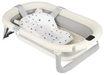 Flexible Babybadewanne mit Temperaturanzeige, Duschkissen, Duschstecker, rutschfeste Füße, faltbare Babybadewanne für Neugeborene, 0 bis 24 Monate (Grau, 43 x 71 x 18,5 cm)