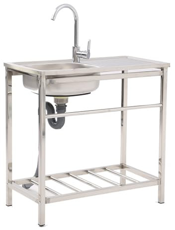 Stazione lavello da cucina indipendente, lavello in acciaio inox a una vasca, portatile, industriale, con banco da lavoro e ripiani portaoggetti, per preparazione, lavaggio, lavamani, lavanderia,