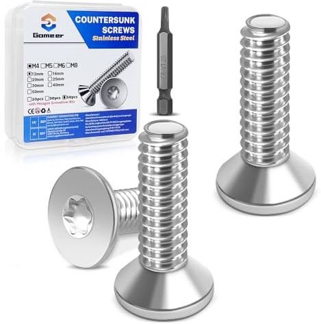 Gomeer 50 Stück M4 x 12 mm Senkkopfschrauben Torx Innensechskant aus A2 V2A Edelstahl Schrauben mit Torx Schlüssel Sechskant Schrauberkopf Norm ISO 14581 / DIN 965,für Maschinen, Möbel,Reparaturen