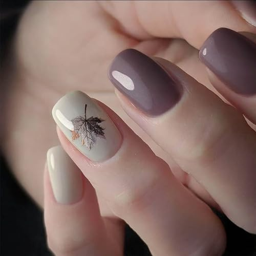 Nymora Press on Nägel French – 24 Stück Lila & Weiße Ahornblatt Press on Nails, Falsche Nägel mit Gelfolie, Herbst/Winter Nageldesign für Frauen Mädchen