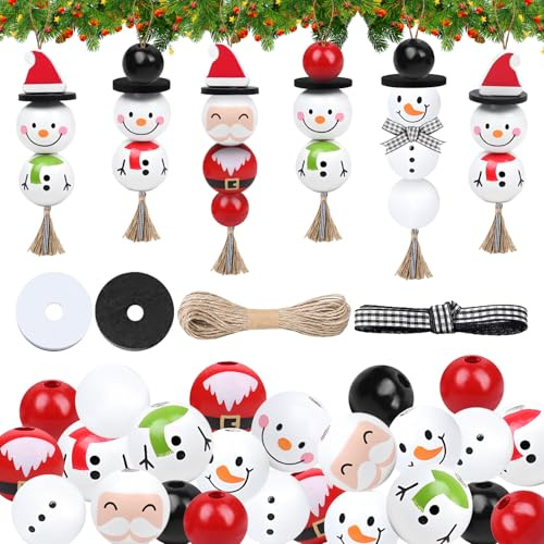122 Stück Schneemann Holzperlen Weihnachten Set Holz weihnachtsperlen Bastelset Holzkugeln mit Gesicht Juteschnur Bastelset Weihnachten Deko für DIY Party Festivals Dekorationen Weihnachtsbaumschmuck