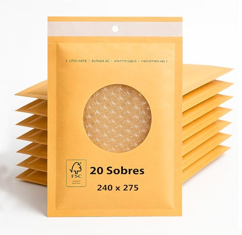 Sobres Acolchados de Burbujas, Varios Tamaños, Paquetes de 10-200 Unidades, Color Marrón, Sobres Protectores para Envíos (20, 240x275 mm)