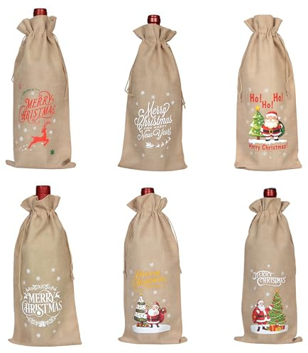 SDXCJY Lot de 6 sacs en toile de jute avec cordon de serrage pour bouteilles de vin et décoration de table de dîner à la maison