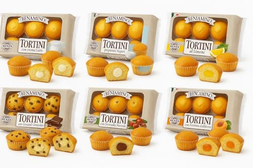 Beniamino Tortini – 6 Confezioni (1 per gusto) | Merendine soffici ripiene assortite: Latte, Limone, Yogurt, Cioccolato, Nocciola, Albicocca | 6 tortine per confezione | Senza Olio di Palma