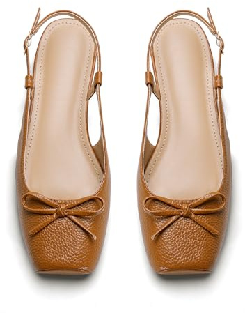 Lhamo Latso Brown Ballet Flats 1 Inch Low Block Heel Slingback Comfortable Ballerina Flat Bow Dressy Flats Shoes for Women Satin 7.5