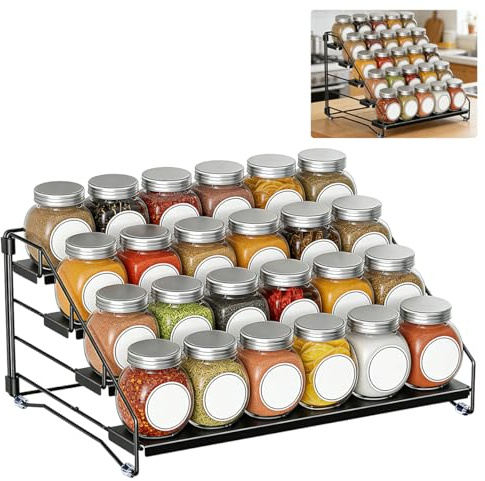 Elyyapt 4 Tier Spice Rack Organiser Tiered Adjustable Spice Shelf Metal Spices Holder Metal Seasoning Bottle Organizer Condiment holder Storing 24 Spices Jars for Kitchen Countertop Cupboard Pantry