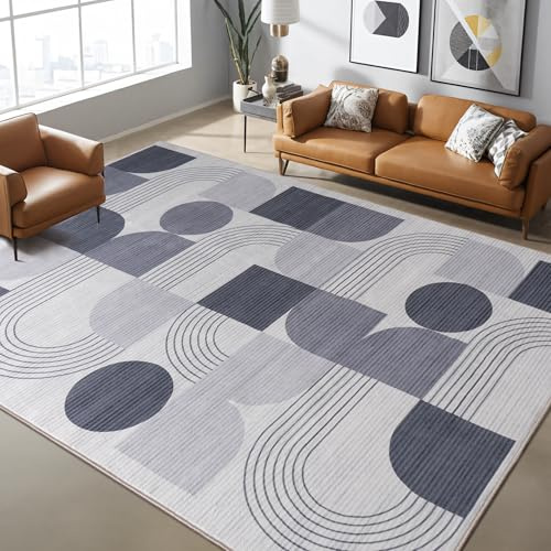 Calinline Abstraktem Waschbarer Teppich Wohnzimmer, 160x230 cm Grau | Groß Muster Kurzflor Teppich, Wohnzimmerteppich Moderne Carpet Wollteppich Bettvorleger für Schlafzimmer Esszimmer Küche