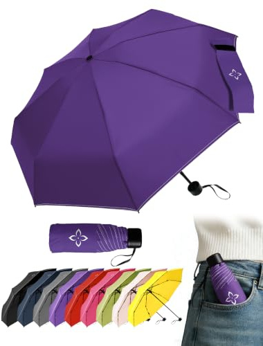 LILAC Mini Regenschirm Windfest & Kompakt, 106cm Taschenschirm Manuell für Damen Herren & Kinder, Kleiner Reiseschirm mit Reflektor-Naht & Karabiner, Leicht & Stabil