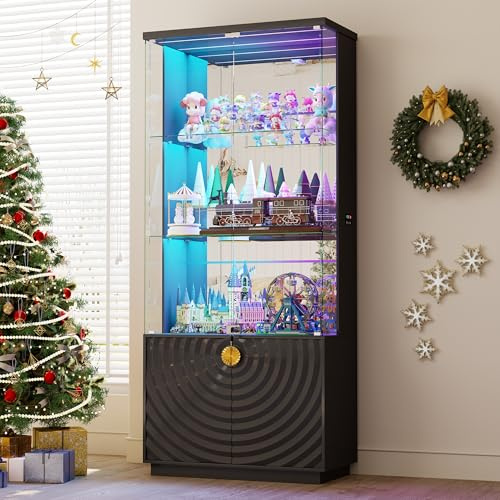 71'' Display Cabinet with Glass Doors & Human Body Sensor for Collectibles | 4-Tier Curio Cabinet with Shelves&Drawers,Black