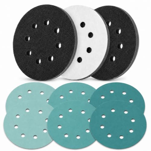 Discos de lijado de 125 mm, almohadillas de interfaz de lijadora orbital con 3 almohadillas de espuma y 6 papeles de lija de grano (80/120/240), 8 agujeros de gancho y bucle de esponja suave para