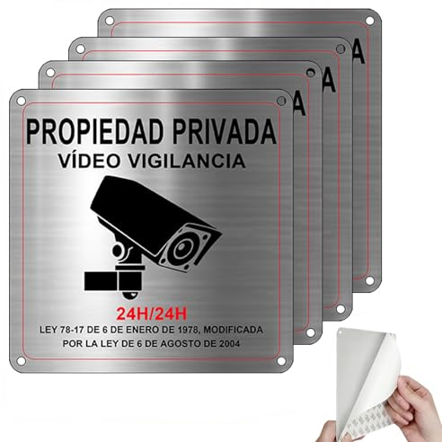 4 Piezas Cartel Videovigilancia de Aluminio 15x 15cm, Cartel Zona Videovigilada, Panel Cámara Monitoreo, Camara Vigilancia con Pegatina y Agujeros Preperforados para Interior/Exterior