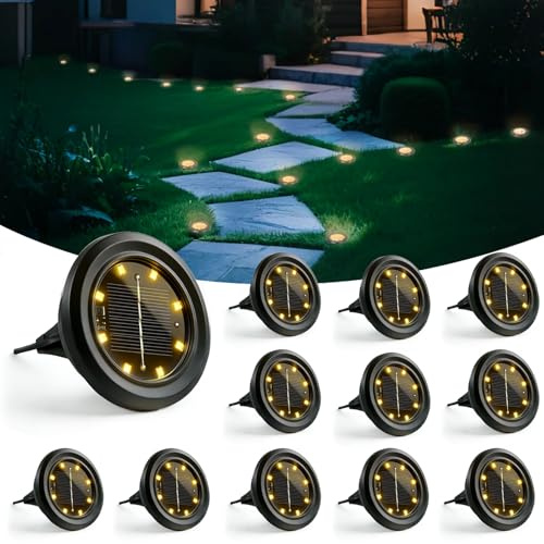 Hqynss 12 Stück Solar Bodenleuchten Aussen, 8 LED Solarleuchten Garten, Gartenbeleuchtung Solar IP65 Wasserdicht Lange Lebensdauer, Solarlampen für außen Garten Rasen Auffahrt Gehweg Patio, Warmweiß