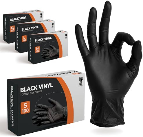 The Real Touch Disposable Gloves, 100 Count, Latex-Free, Powder-Free, Food Grade, Comfortable Fit, Multi-Purpose Black Vinyl Gloves for Food Handling, Cleaning & Beauty (100, S)