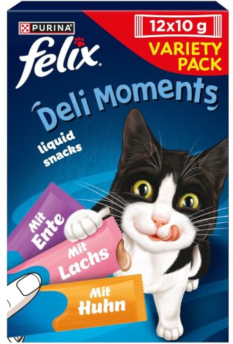 Felix | Deli Moments™ | Katzensnacks | Unwiderstehlicher Geschmack, cremige und flüssige Textur für Katzen und Kätzchen | mit Huhn, Lachs und Ente | Beutel | Einzelportion | 12 x 10 g