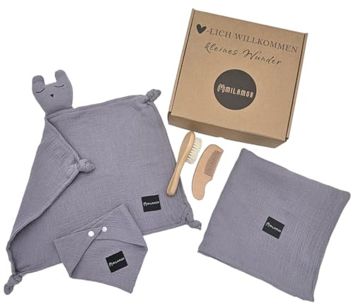 MILAMOR 100% Bio-Baumwolle GOTS 5-Teilig Geschenkset Zur Geburt für Neugeborene, Junge und Mädchen, Baby Decke, Kuscheltuch SCHMUSE-HASE