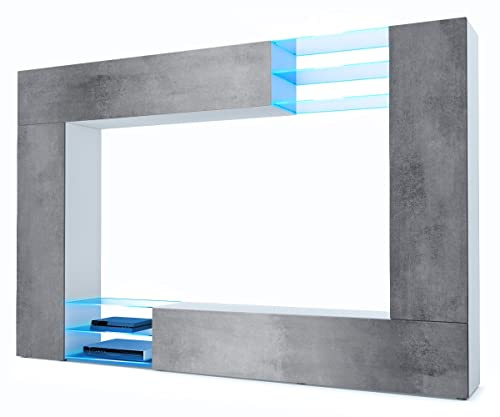 Vladon Wohnwand Mirage, Made in Germany, Anbauwand mit Rückwand mit 2 Türen, 2 Klappen und 6 offenen Glasablagen, Weiß matt/Beton Dunkel Optik, inkl. LED-Beleuchtung (262 x 183 x 39 cm)