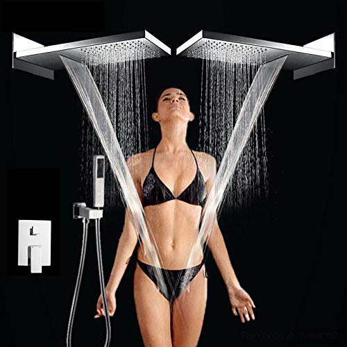 Huin Chrome Waterfall Rainfall Shower Faucet Set Wall Mount 3-Way Brass Single Handle Mixer Tap Bathroom Shower System Mixer Tap-Full Set_Germany