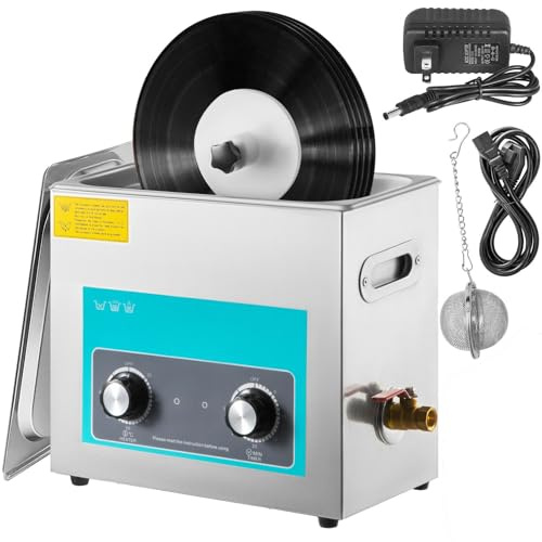 VEVOR Nettoyeur à Ultrasons pour Disque Vinyle Nettoyeur Ultrasonique Professionnel 6L 4 Disques à La Fois Machine à Ultrason Bac Inox Chauffage Commande par Bouton Nettoyage Profonde Bijoux Prothèse