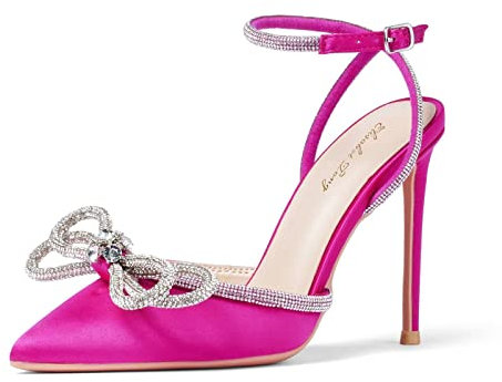 Zhabtuc Tacones de Aguja de Raso Rosa para Mujer Zapatos de Tacón con Lazo y Punta Cerrada Sandalias con Correa en el Tobillo con Pedrería Zapatos Sexy de Tacón Alto Slingback Stiletto Heels 36 EU