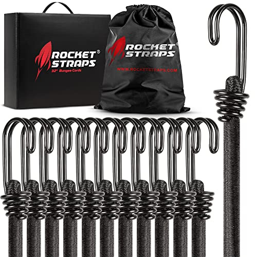 Rocket Straps - Ultimatives Bungee-Seil-Sortiment für den Außenbereich – Robustes Set mit 12 Bungee-Seilen (182,9 cm) Doppel-J-Haken – elastische Gurte für Camping, Sicherung und Heimwerker und