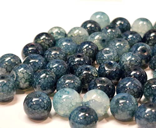 Perlin Edelstein Perlen Achat Stein Drachen-Muster Rund 8mm Halbedelstein Naturstein mit Loch zum auffädeln für Schmuckherstellung (Marine Blau)
